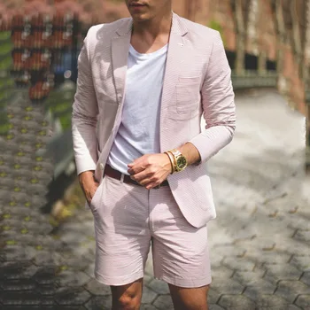 Blush Pink Krátky Oblek Sada Pre Mužov Jediného Tlačidla mreže Formálnej Strany Vyhovuje Farbou Pravidelné Bežné Nosenie Bundy A Nohavice